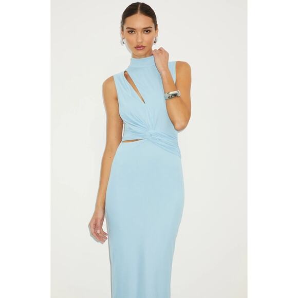 Lulus NWOT Kamara Light Blue Mesh Cutout Knotted Midi Bodycon Dress Small - Picture 3 of 11